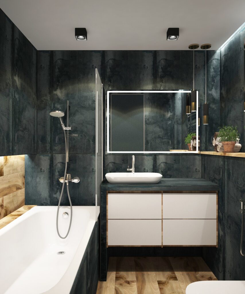 Szürke-antracit fürdőszoba csempe egy modern fürdőben